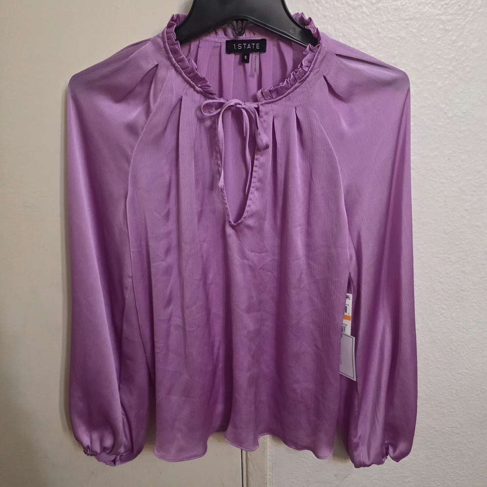 1. State Purple Ruffle-Tie Long Sleeve Blouse